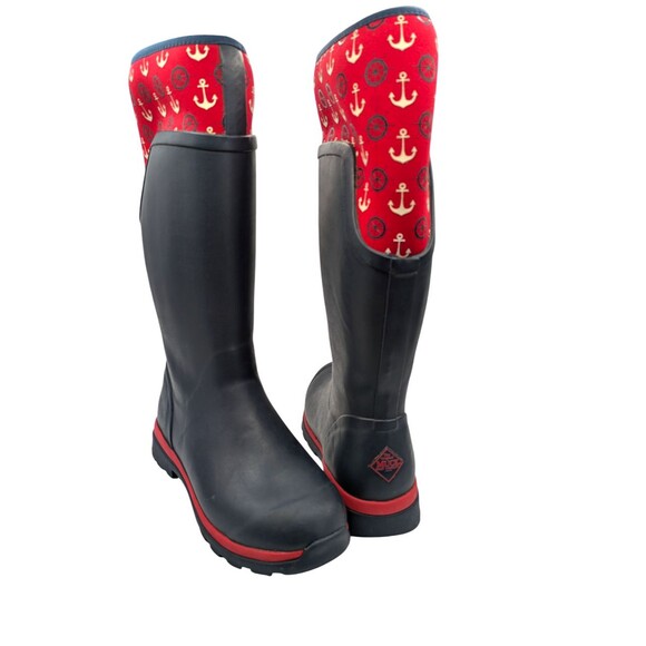 The Original Muck Boot Company Tall Chore Rain Boots Size 7 Navy Red Nautical - Picture 1 of 12
